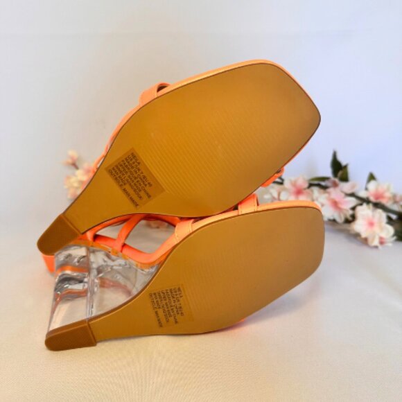 Vibrant Orange Clear Heeled Wedge Sandals, Size 9 - Picture 9 of 10